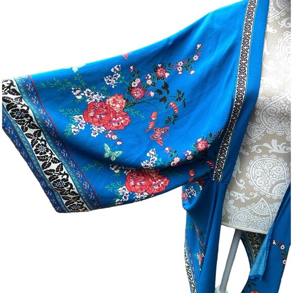 Flying Tomato Kimono Jacket Robe Kaftan Cover Up Blue Red Floral Sz S/M Boho - Picture 7 of 10